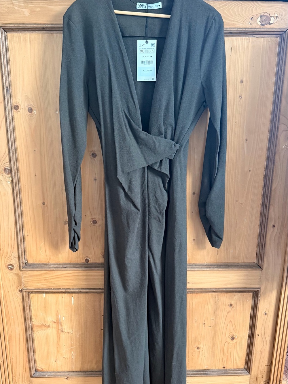 Zara Dark Olive Wrap-Front Long Sleeve Dress
